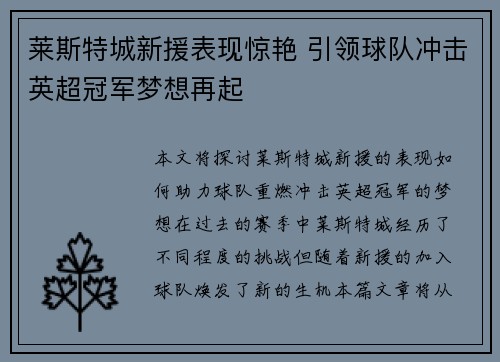 莱斯特城新援表现惊艳 引领球队冲击英超冠军梦想再起