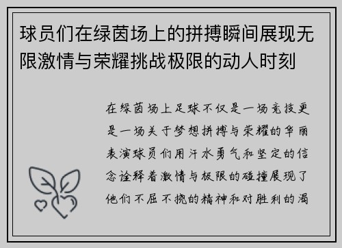 球员们在绿茵场上的拼搏瞬间展现无限激情与荣耀挑战极限的动人时刻