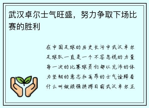 武汉卓尔士气旺盛，努力争取下场比赛的胜利