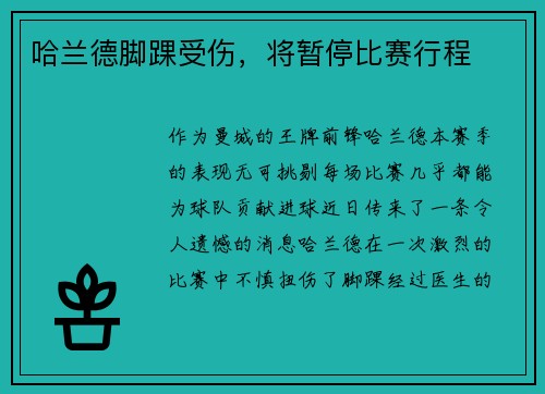 哈兰德脚踝受伤，将暂停比赛行程
