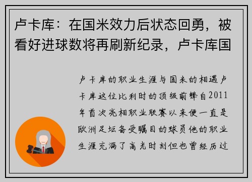 卢卡库：在国米效力后状态回勇，被看好进球数将再刷新纪录，卢卡库国米集锦