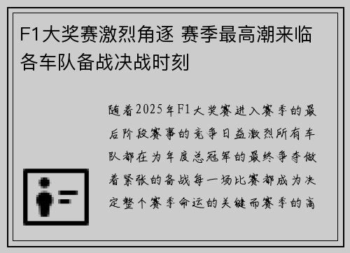 F1大奖赛激烈角逐 赛季最高潮来临 各车队备战决战时刻