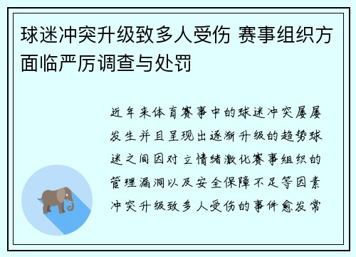 球迷冲突升级致多人受伤 赛事组织方面临严厉调查与处罚