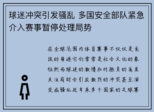 球迷冲突引发骚乱 多国安全部队紧急介入赛事暂停处理局势